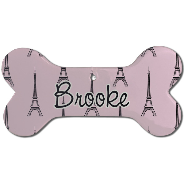 Custom Eiffel Tower Ceramic Dog Ornament - Front w/ Name or Text