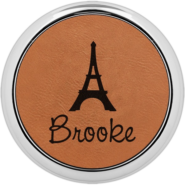 Custom Eiffel Tower Set of 4 Leatherette Round Coasters w/ Silver Edge (Personalized)