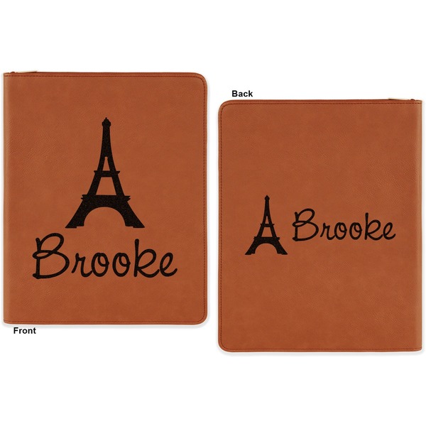 Eiffel Tower Cognac Leatherette Zipper Portfolios with Notepad - Double Sided - Apvl