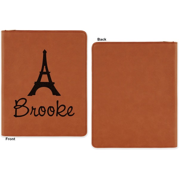 Eiffel Tower Cognac Leatherette Zipper Portfolios with Notepad - Single Sided - Apvl