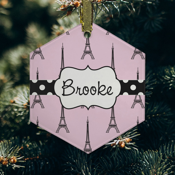 Eiffel Tower Frosted Glass Ornament - Hexagon (Lifestyle)
