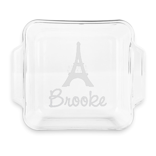 Custom Eiffel Tower Glass Cake Dish with Truefit Lid - 8in x 8in (Personalized)