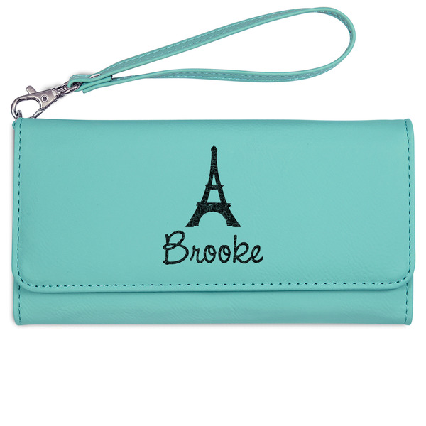 Custom Eiffel Tower Ladies Leatherette Wallet - Laser Engraved- Teal (Personalized)