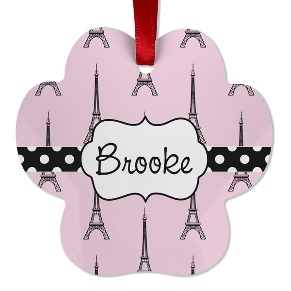 Custom Eiffel Tower Metal Paw Ornament - Double Sided w/ Name or Text