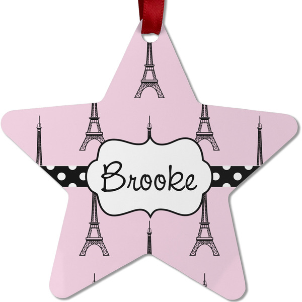Custom Eiffel Tower Metal Star Ornament - Double Sided w/ Name or Text