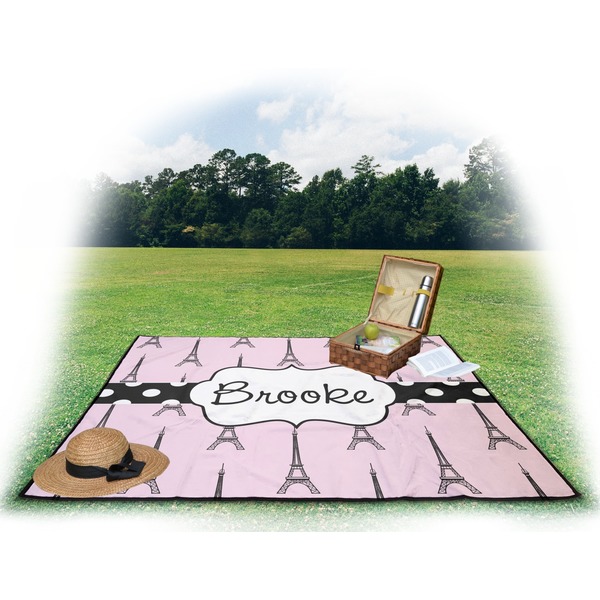 Eiffel Tower Picnic Blanket - with Basket Hat and Book - in Use