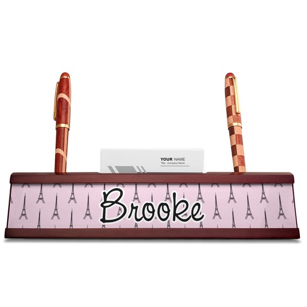 Eiffel Tower Red Mahogany Nameplates with Business Card Holder - Straight