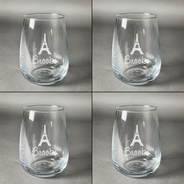 Eiffel Tower Set of Four Personalized Stemless Wineglasses (Approval)