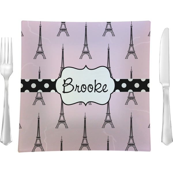 Custom Eiffel Tower 9.5" Glass Square Lunch / Dinner Plate- Single or Set of 4 (Personalized)