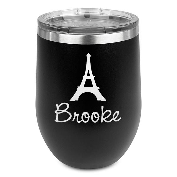 Custom Eiffel Tower Stemless Stainless Steel Wine Tumbler - Black - Double Sided (Personalized)