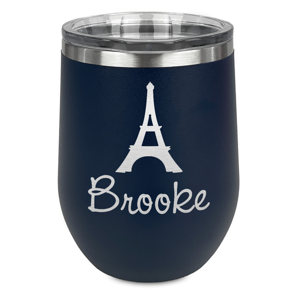 Custom Eiffel Tower Stemless Stainless Steel Wine Tumbler - Navy - Single Sided (Personalized)