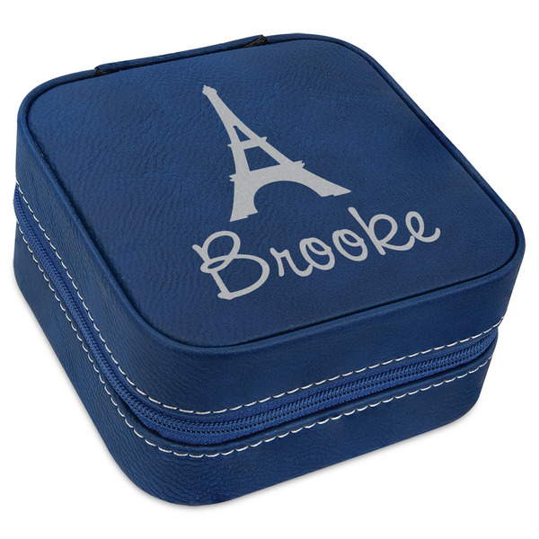 Custom Eiffel Tower Travel Jewelry Box - Navy Blue Leather (Personalized)