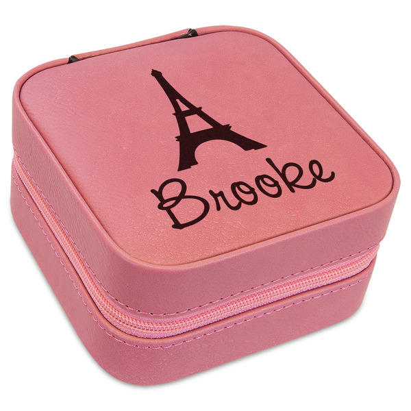Custom Eiffel Tower Travel Jewelry Boxes - Pink Leather (Personalized)