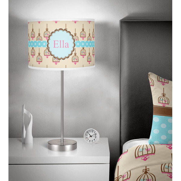 Kissing Birds 13 inch drum lamp shade - in room