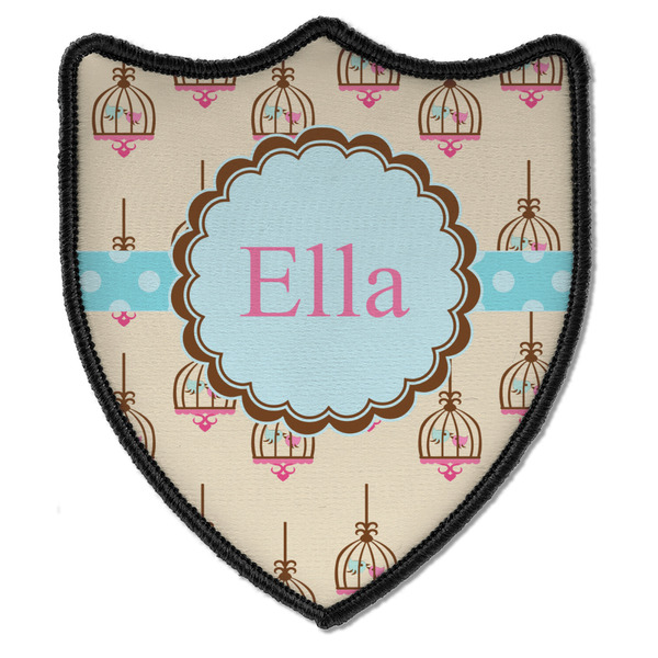 Custom Kissing Birds Iron On Shield Patch B w/ Name or Text