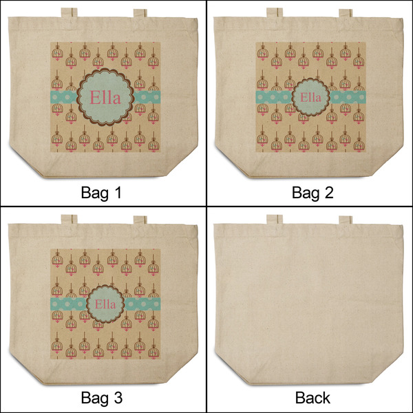 Kissing Birds 3 Reusable Cotton Grocery Bags - Front & Back View