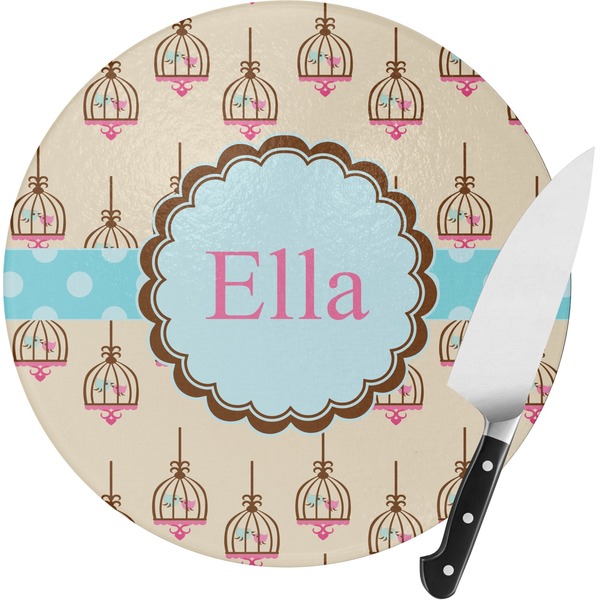 Custom Kissing Birds Round Glass Cutting Board - Small (Personalized)