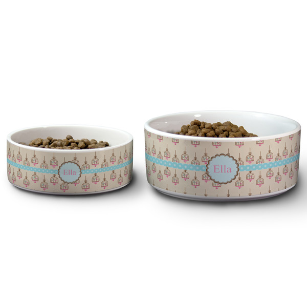 Kissing Birds Ceramic Dog Bowls - Size Comparison
