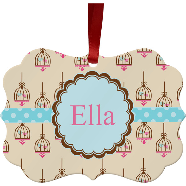 Custom Kissing Birds Metal Frame Ornament - Double Sided w/ Name or Text