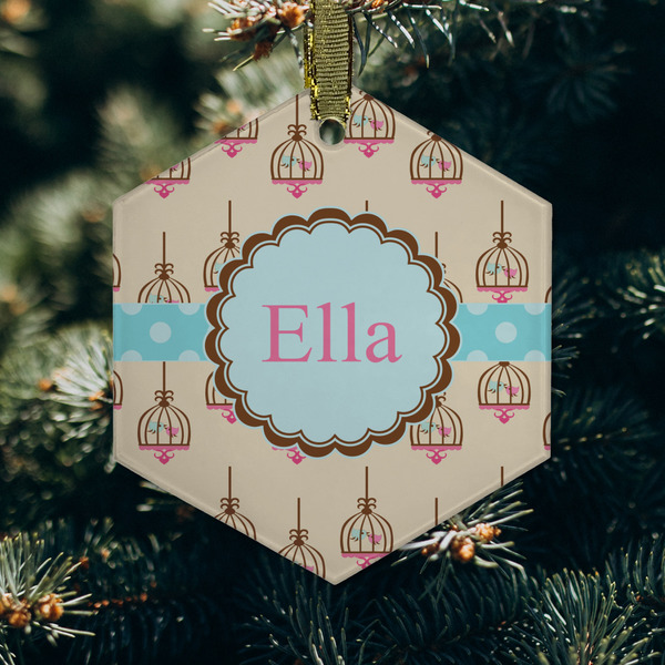 Kissing Birds Frosted Glass Ornament - Hexagon (Lifestyle)