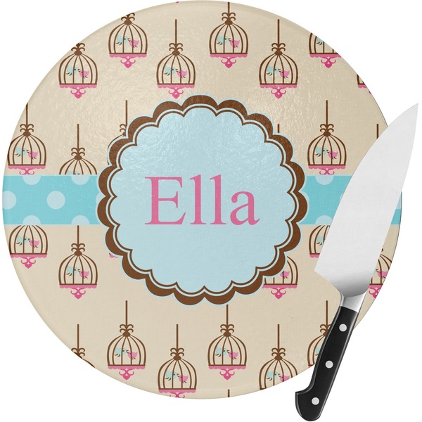 Custom Kissing Birds Round Glass Cutting Board (Personalized)