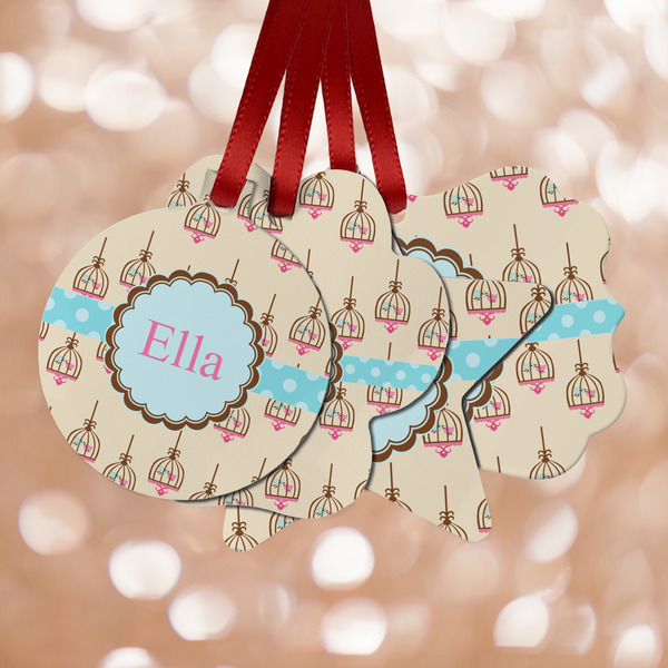 Custom Kissing Birds Metal Ornaments - Double Sided w/ Name or Text