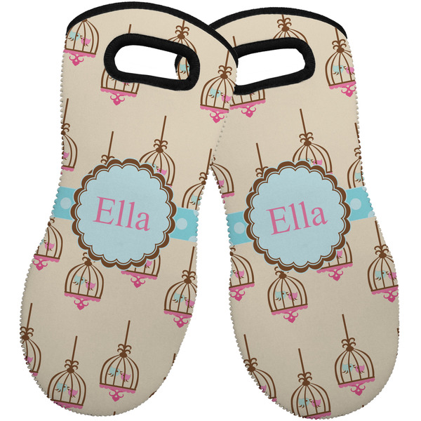 Custom Kissing Birds Neoprene Oven Mitts - Set of 2 w/ Name or Text