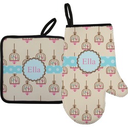 Kissing Birds Oven Mitt & Pot Holder Set w/ Name or Text
