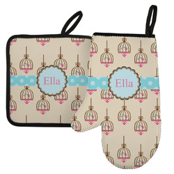 Kissing Birds Left Oven Mitt & Pot Holder Set w/ Name or Text