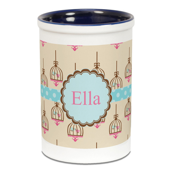 Custom Kissing Birds Ceramic Pencil Holders - Blue