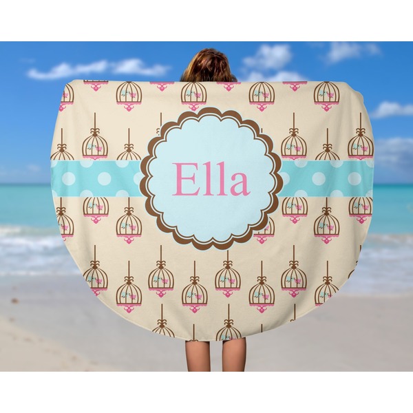 Kissing Birds Round Beach Towel - In Use