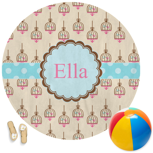 Custom Kissing Birds Round Beach Towel (Personalized)