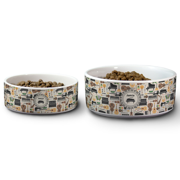 Musical Instruments Ceramic Dog Bowls - Size Comparison