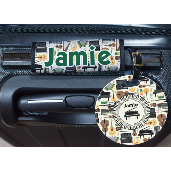 Musical Instruments Round Luggage Tag & Handle Wrap - In Context