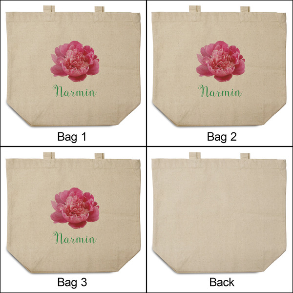 Watercolor Peonies 3 Reusable Cotton Grocery Bags - Front & Back View