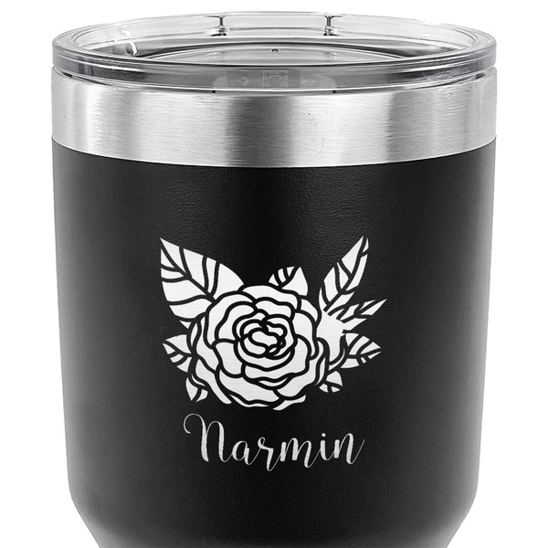 Watercolor Peonies 30 oz Stainless Steel Ringneck Tumbler - Black - CLOSE UP