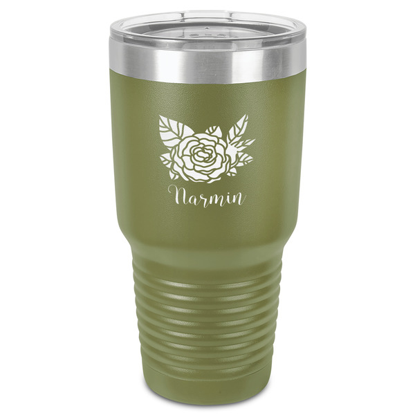 Custom Watercolor Peonies 30 oz Stainless Steel Tumbler - Olive - Single-Sided (Personalized)