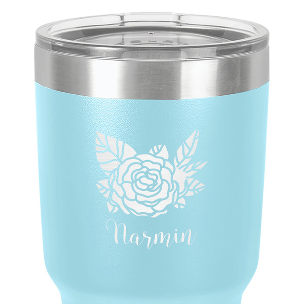 Watercolor Peonies 30 oz Stainless Steel Ringneck Tumbler - Teal - Close Up