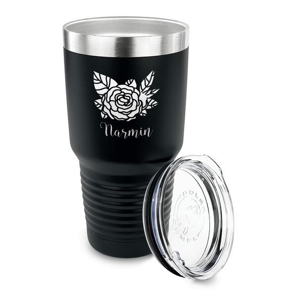 Watercolor Peonies 30 oz Stainless Steel Ringneck Tumblers - Black - LID OFF