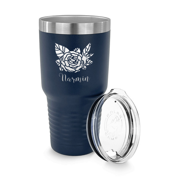 Watercolor Peonies 30 oz Stainless Steel Ringneck Tumblers - Navy - LID OFF