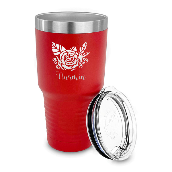 Watercolor Peonies 30 oz Stainless Steel Ringneck Tumblers - Red - LID OFF