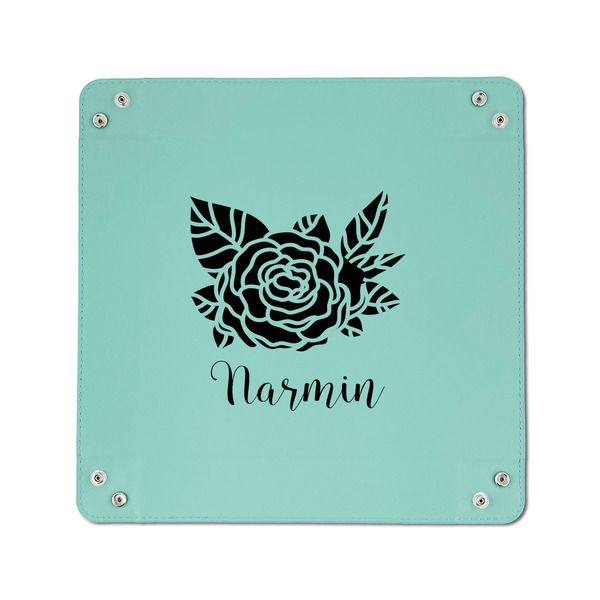 Watercolor Peonies 6" x 6" Teal Leatherette Snap Up Tray - APPROVAL