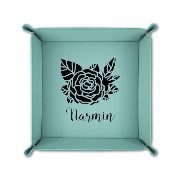 Watercolor Peonies 6" x 6" Teal Leatherette Snap Up Tray - FOLDED UP