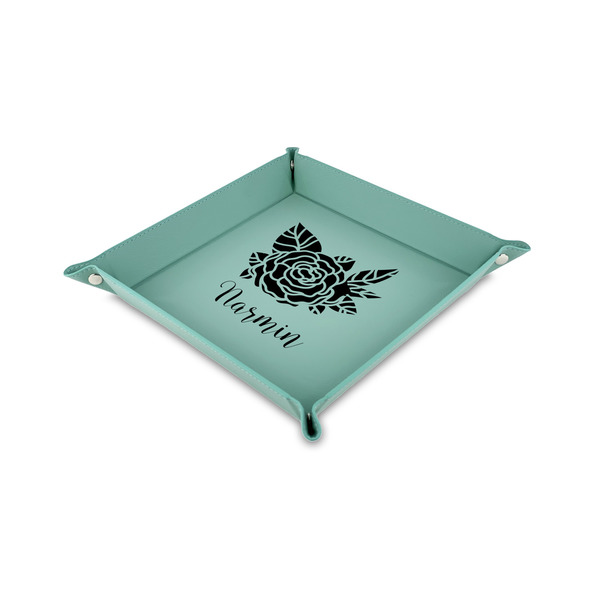 Custom Watercolor Peonies Faux Leather Dice Tray - 6" x 6" - Teal