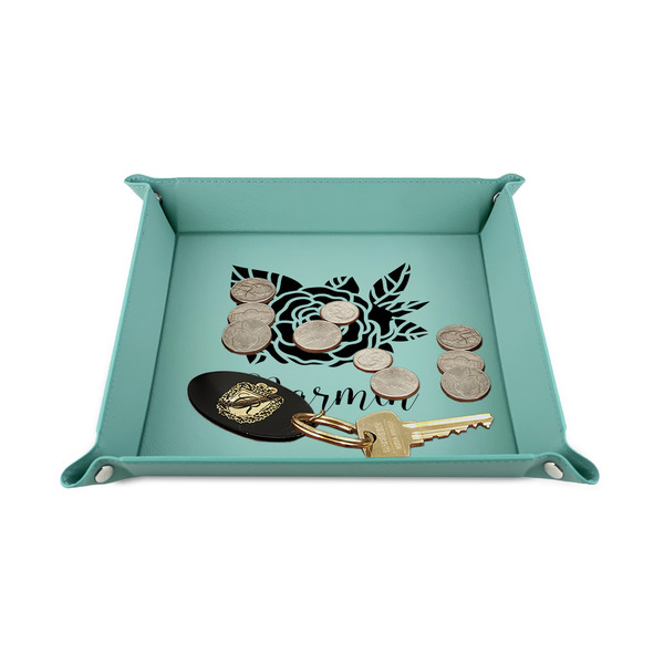 Watercolor Peonies 6" x 6" Teal Leatherette Snap Up Tray - STYLED
