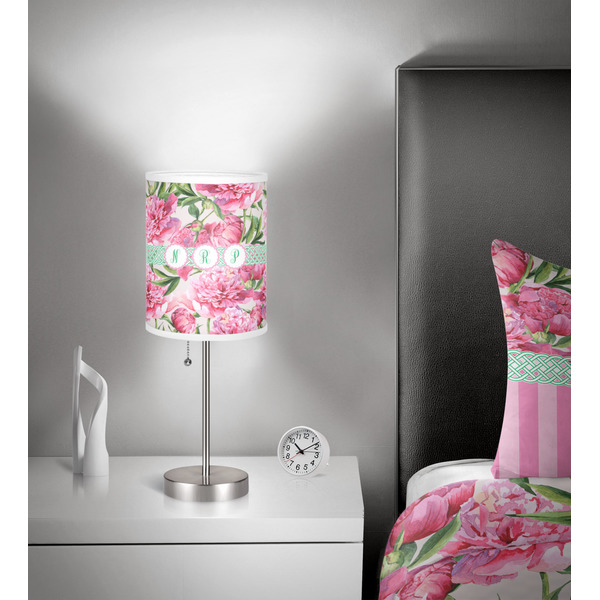 Watercolor Peonies 7 inch drum lamp shade - in room