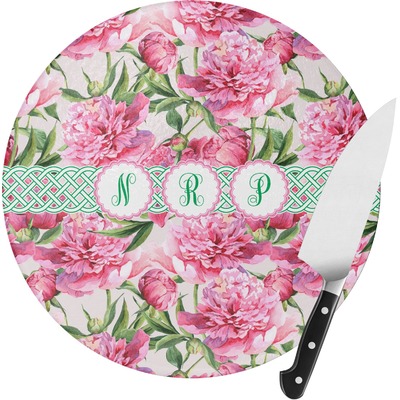 Watercolor Peonies Round Glass Cutting Board - Small (Personalized)