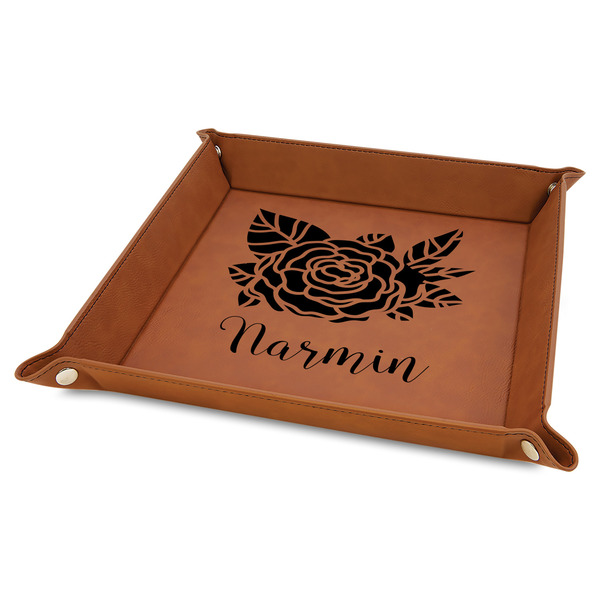 Custom Watercolor Peonies 9" x 9" Faux Leather Valet Tray w/ Multiple Names