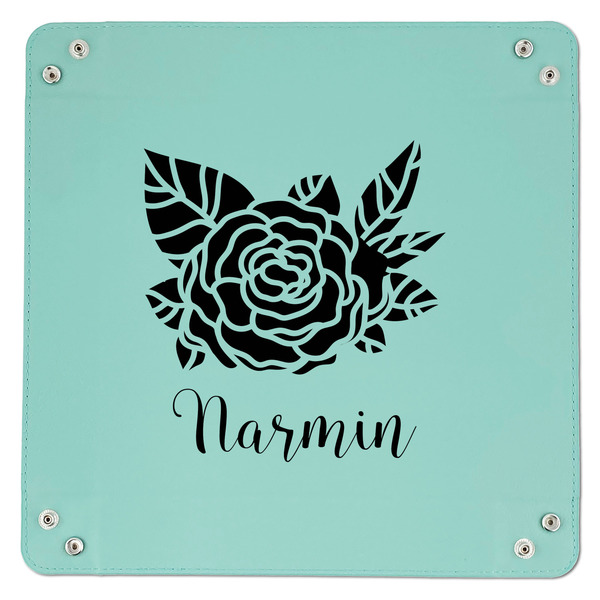 Watercolor Peonies 9" x 9" Teal Leatherette Snap Up Tray - APPROVAL