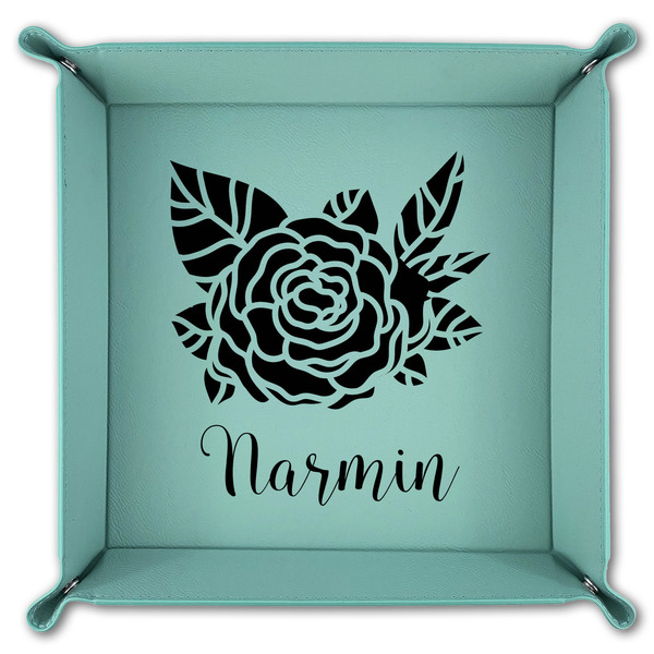 Watercolor Peonies 9" x 9" Teal Leatherette Snap Up Tray - FOLDED